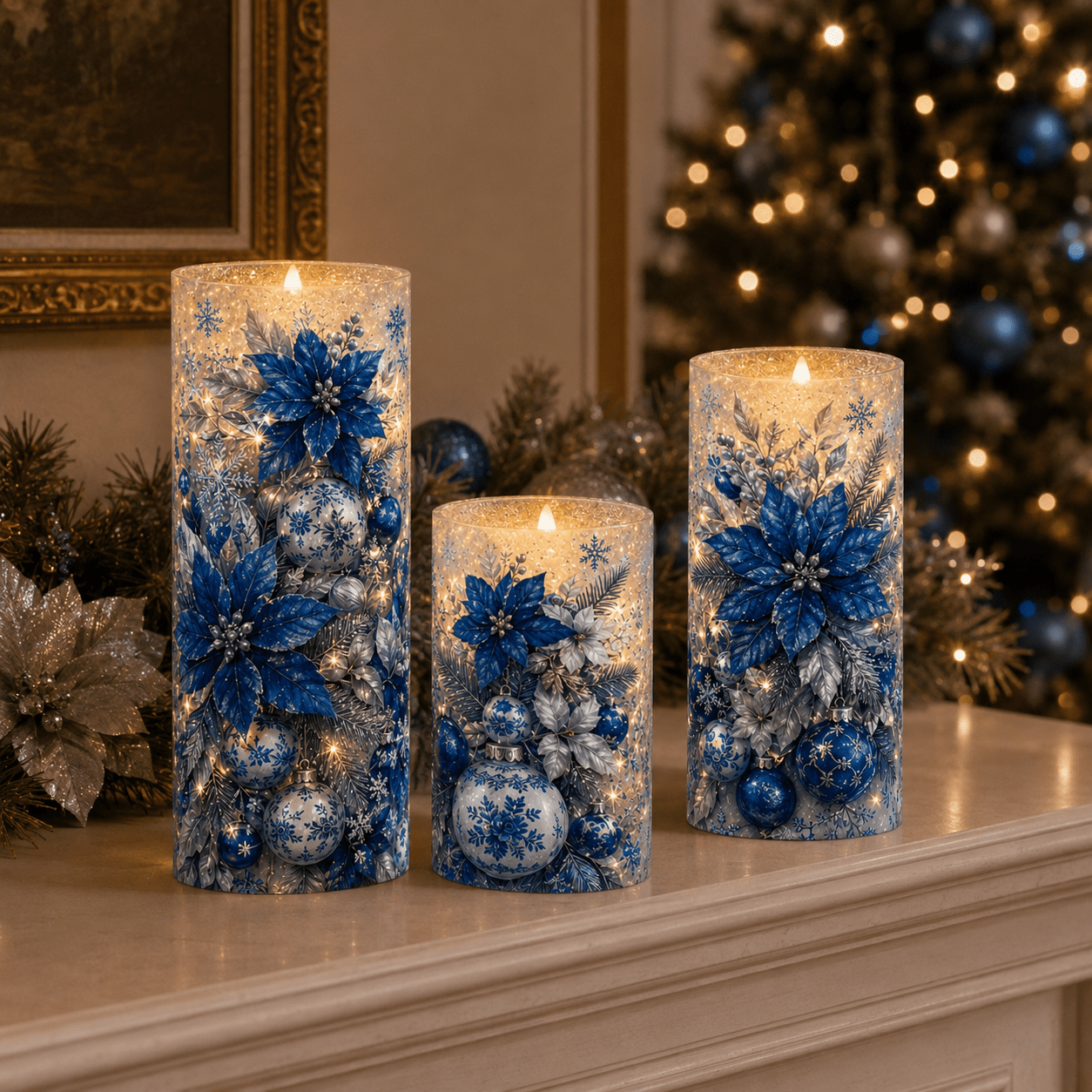 TEMU 3pcs Acrylic Flameless Led Pillar Candle Set Blue Silver Poinsettia Christmas Ornament Print Battery Operated Flickering Warm Light Candles With