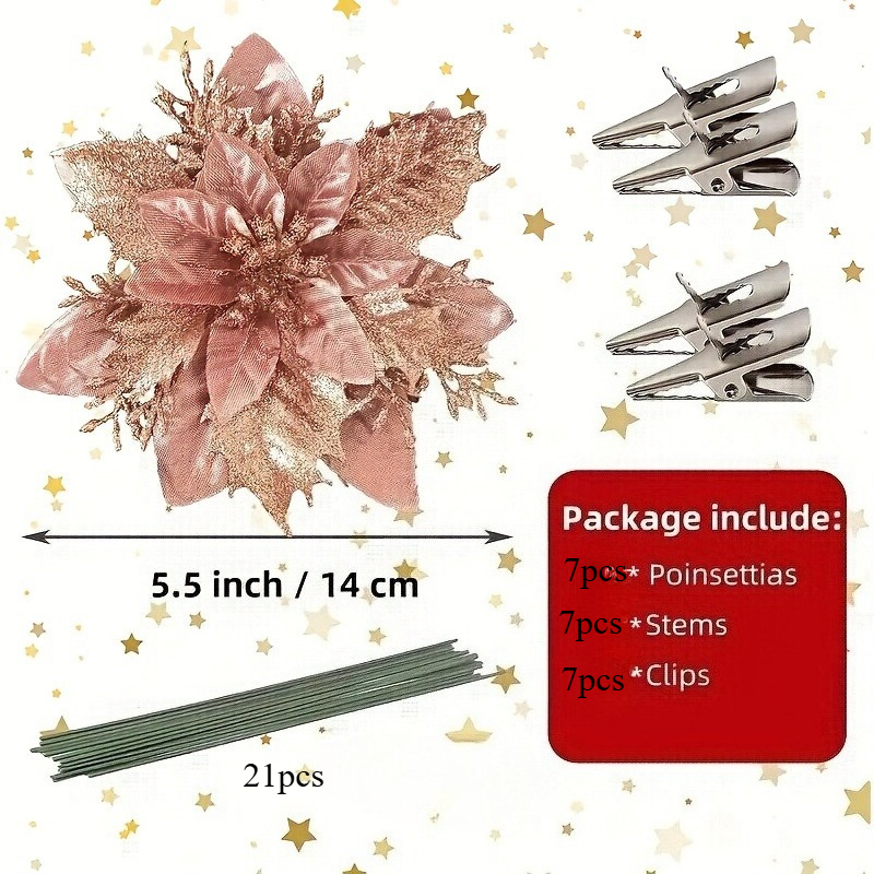 TEMU 21pcs Include 7flower+7clip+7stem Elegant Rose Golden Christmas Flowers With Clips & Stems - Ideal For Diy Wreaths, Tree Decor & Festive