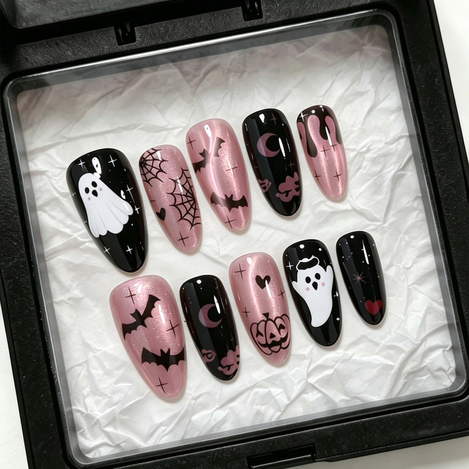 TEMU 10pcs Pcs 10pcs/box Halloween Press On Nails Suitable For Women - Almond Shape Fake Nails With Jelly Glue, Bat Pumpkin Spiderweb Designs, Glossy