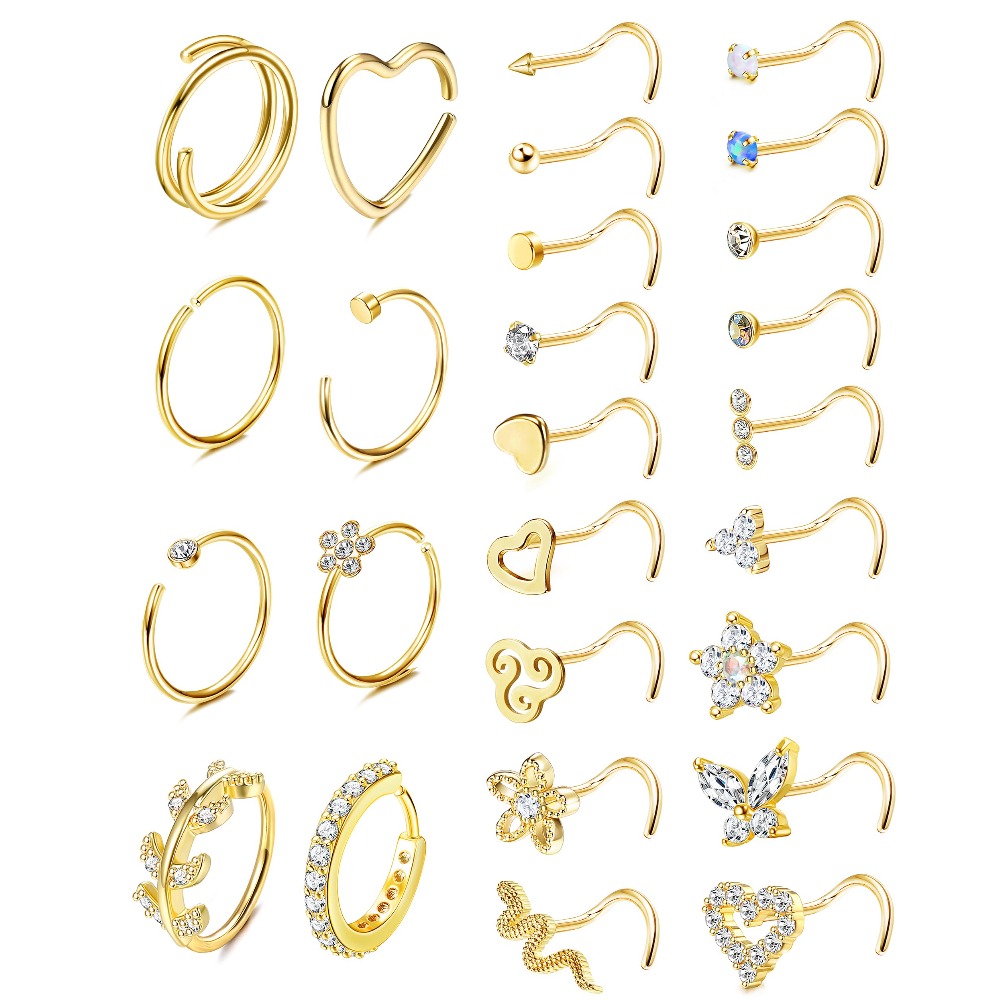 26pcs 20g Nose Ring Nose Stud Surgical Steel Nose Piercings Set Cz Shiny Septum Piercing Snake Nose Studs Piercing Nose Rings Golden Silvery Nose Piercings Jewelry For Women Men