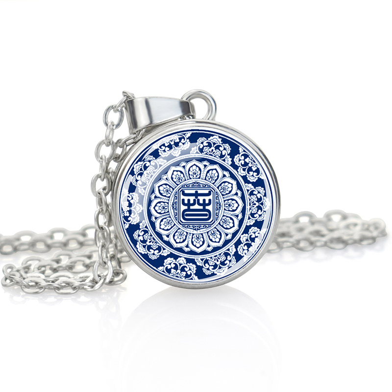 Elegant Single-Sided Button Glass Cabochon Pendant Necklace