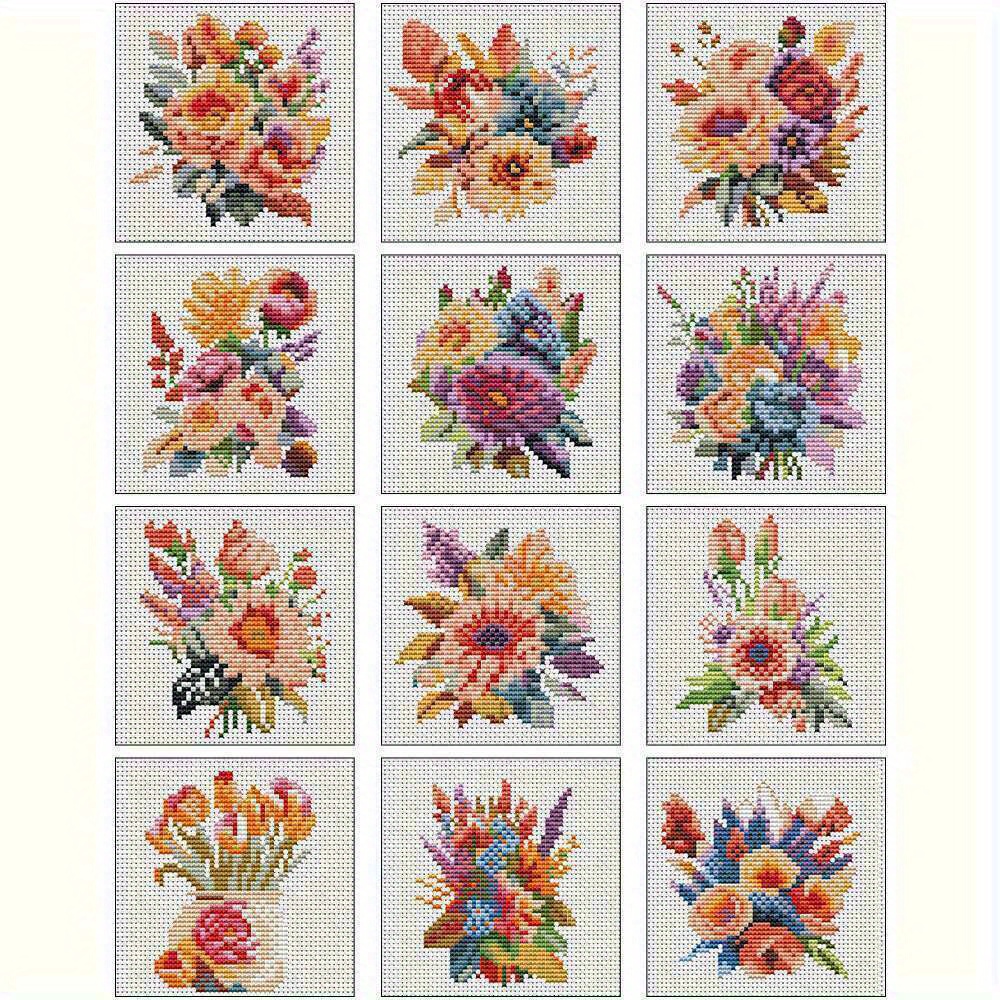 TEMU Kit de broderie 12 pièces floral à point de croix, toile de broderie imprimée avec fleurs, multi-pièces, idéal pour débutants, décoration