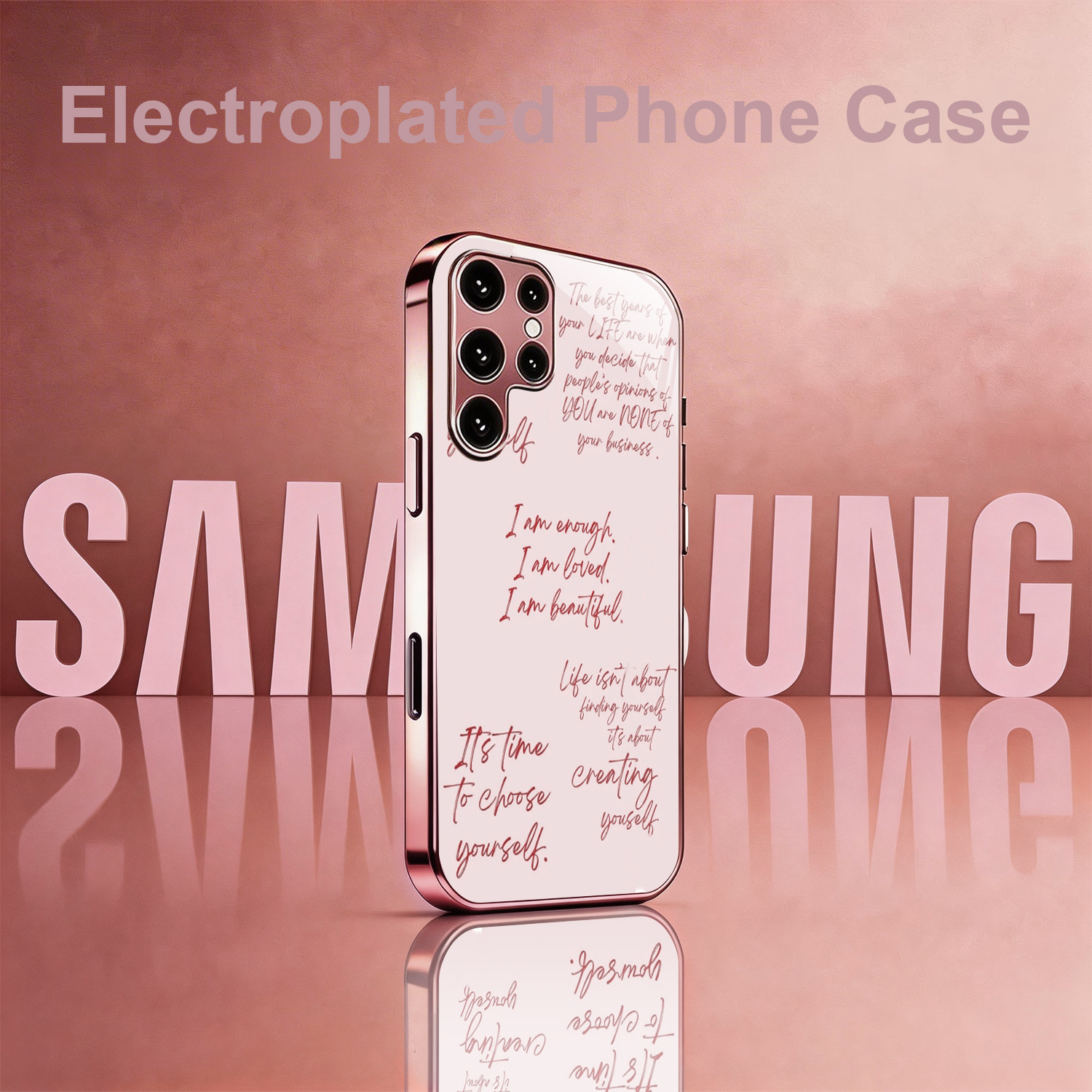 TEMU Phone Case - [2d] Copywriting Pattern Rose Golden/electroplated Pink Phone Case Glass Protective Cover Suitable For Galaxy A51/a52/a53