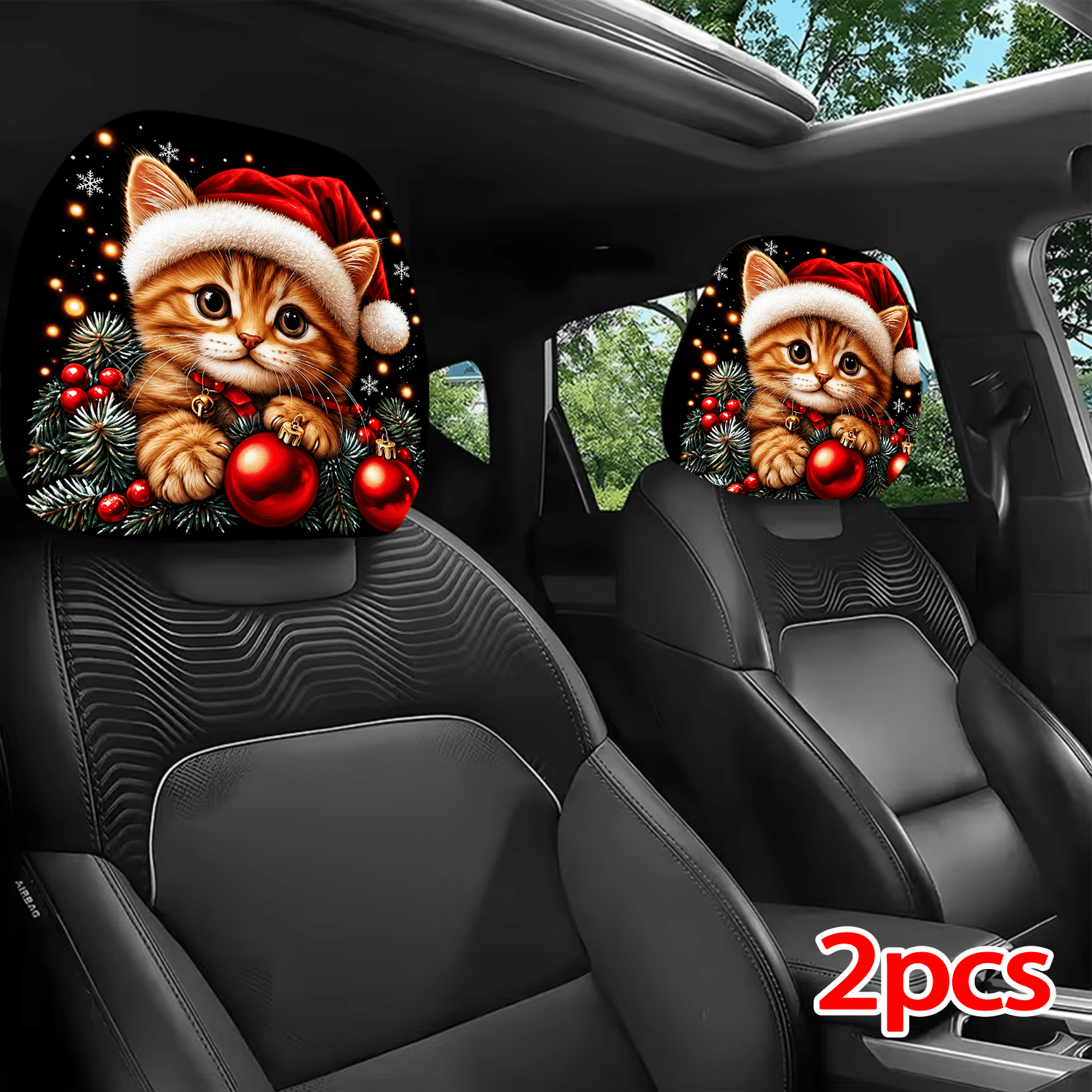 TEMU Lot de 2 housses d'-tête de voiture imprimées, avec de adorables chatons de Noël portant des bonnets de Père Noël avec des décorations rouges.