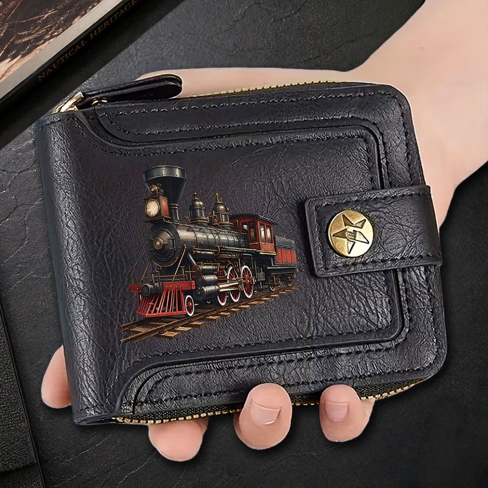 TEMU 1pc Vintage Steam Train Pattern Men's Zipper Wallet, Men's Coin Purse With Multiple Card Slots And Zipper Closure, Suitable For Storing Cash,