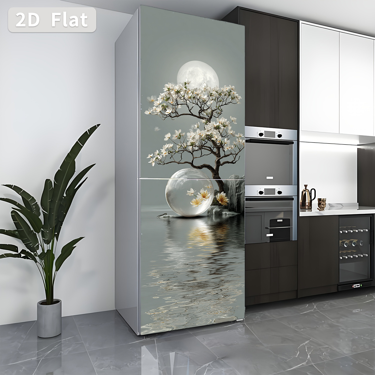 Image of [2d Flat Printing] 1pc Refrigerator Sticker 60 X 180 Cm Flower Tree Qingjing Theme Design Wall Decoration Self-adhesive Suitable For Cabinets And Wardrobes Modern Kitchen Decor Home Sticker