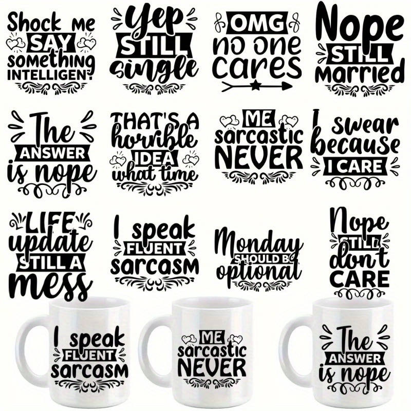TEMU A Set Of 12 Black Text Sarcastic Style Images Printed On Packaging Stickers For Stainless Steel Double-layer Insulated Cups, Featuring Colorful