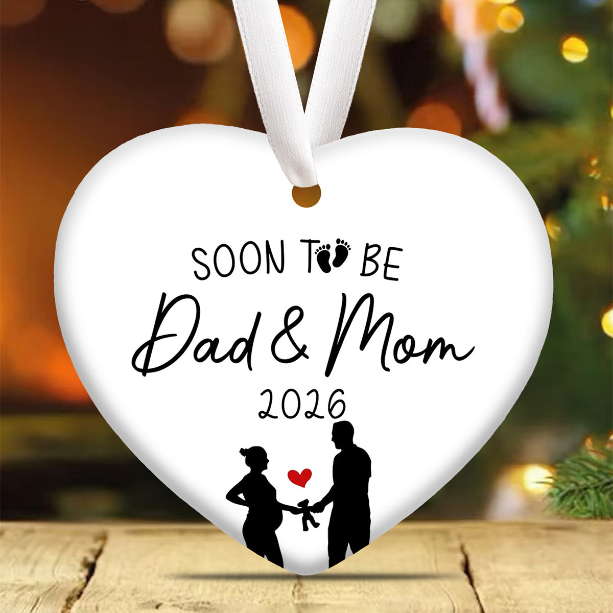 TEMU Parents 2026 Home Hanging Decoration, Ceramic Christmas Tree Ornament, Gifts For Pregnancy , Keepsake Christmas Ornament, Heart-shaped Ceramic