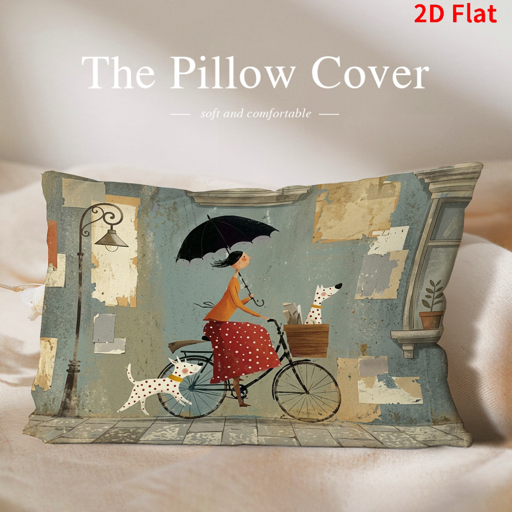 TEMU 1pc Pillowcase, Nostalgic City Pillowcase With A Woman Riding A Bicycle And Pet Dog Companion Pattern, 50cm*30cm\20in*12in, Soft And Smooth