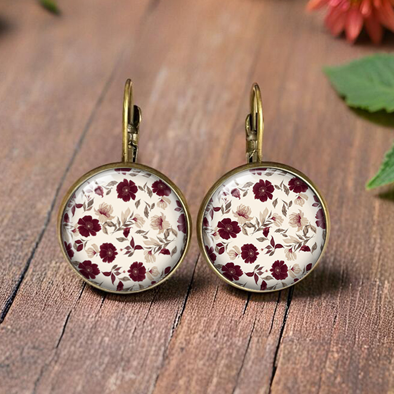 TEMU Runde Glasohrringe mit Illustration von roten weißen Blumen im minimalistischen Stil, modischer Schmuck, Geschenk