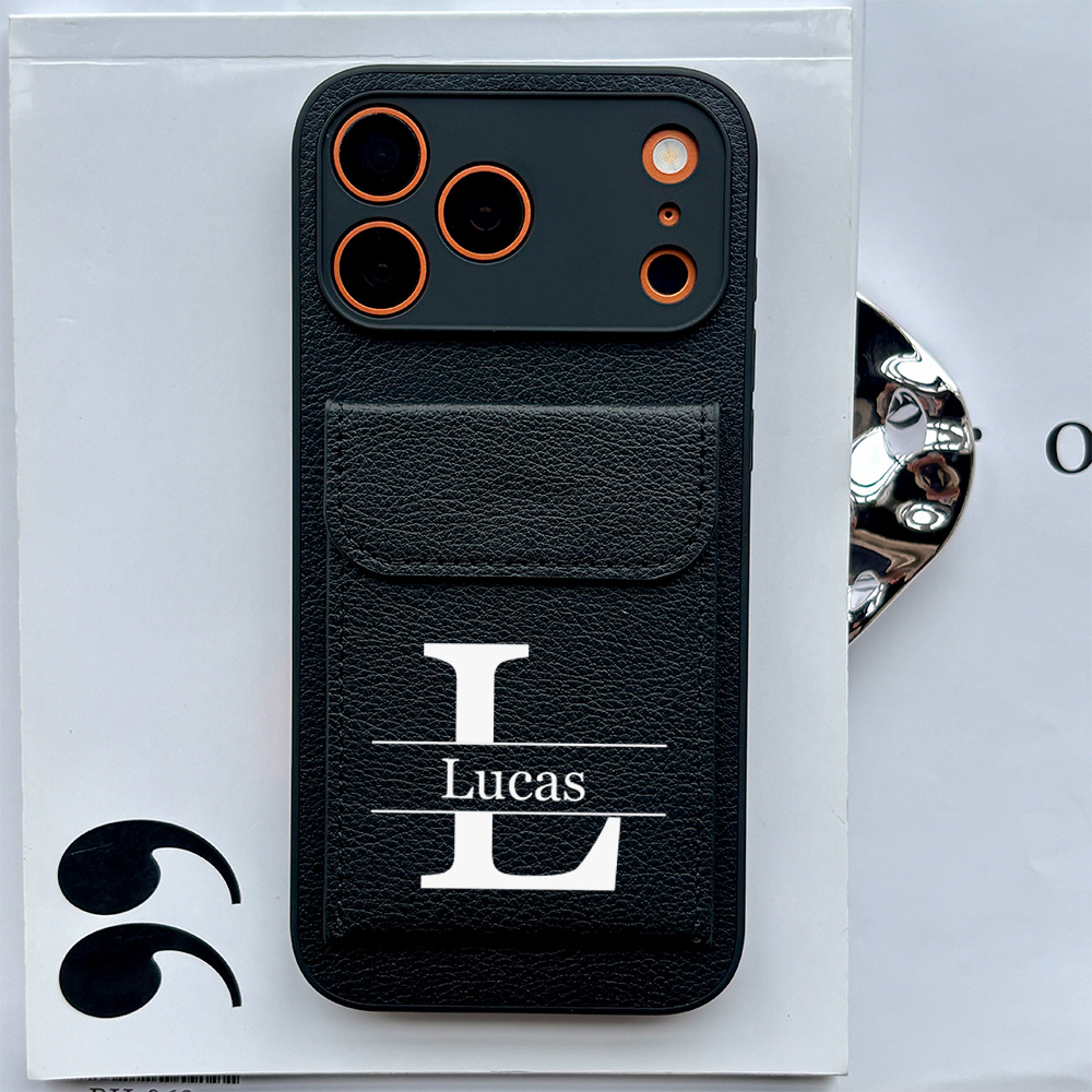 TEMU Phone Case: Phone Case Initial Monogram Custom Pu Card Holder Stand Phone Case With Name And Initial, Suitable For Iphone 17 16 15 14 13 12 11