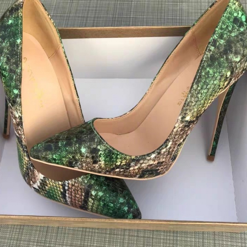 Image of European And Nightclub Metallic Heel Snake Pattern Color Block Pointed Toe Stiletto Large Size Women's Shoes, Women Shoes