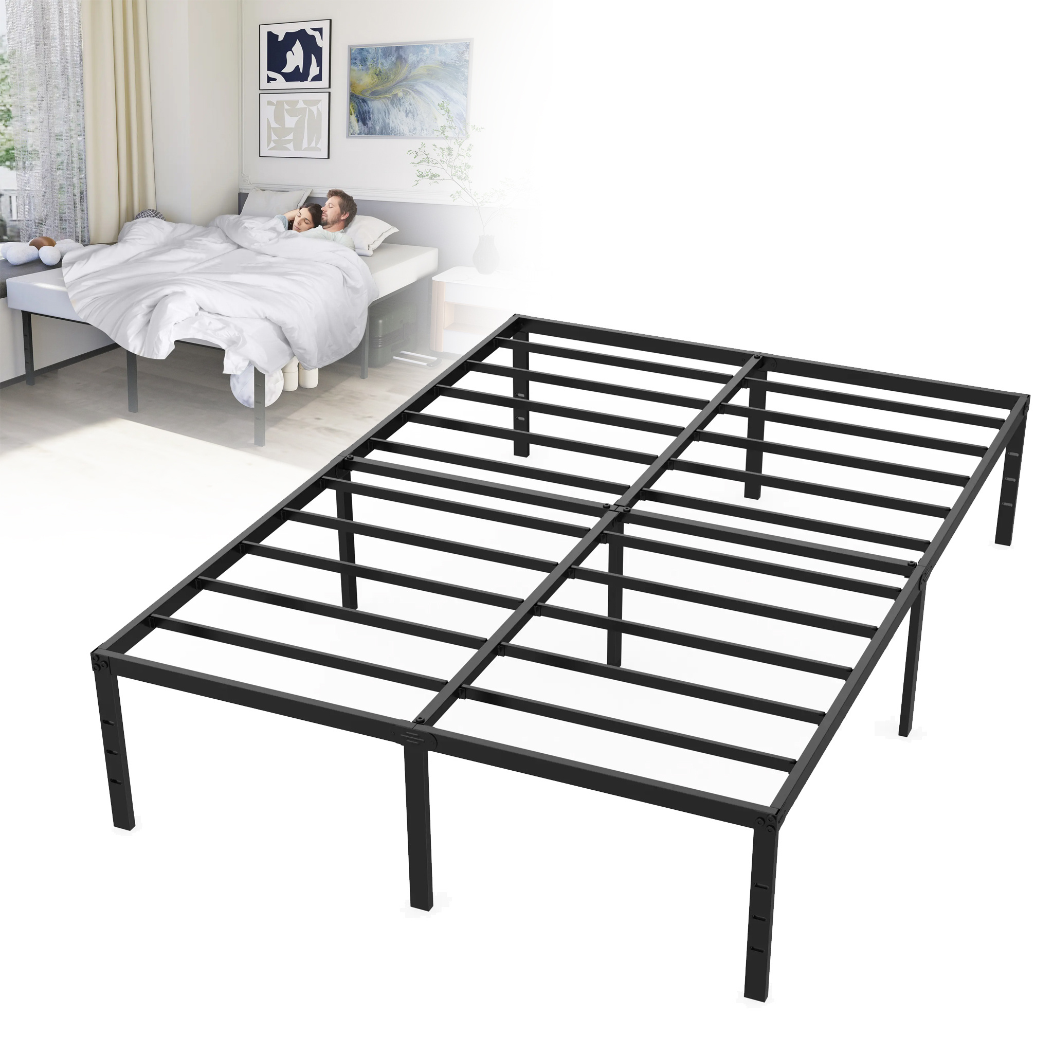 E-shop Moderner Metallbettrahmen, Plattformbett aus Metall, robuste Stahl-Lattenroste, Stauraum unter dem Bett für Schlafzimmer, Gästezimmer, Schwarz