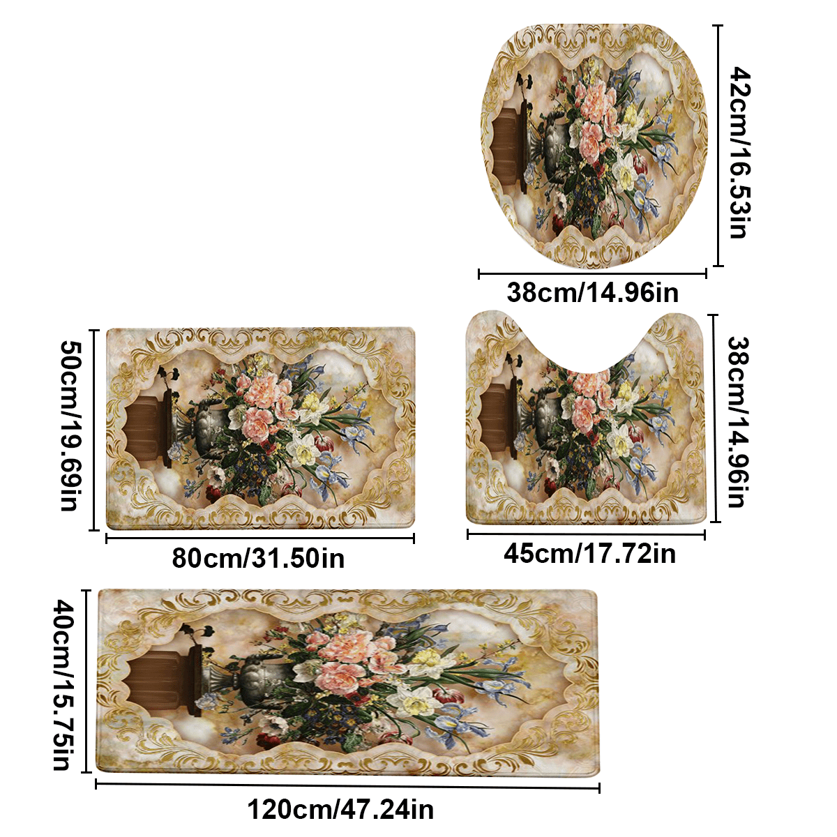 TEMU 4pcs/ Set European Retro Printed Bathroom Protective Pad Set, Non-slip Bathroom Mat, Flannel Bathroom Mat, Bathroom Floor Mat, Toilet Mat
