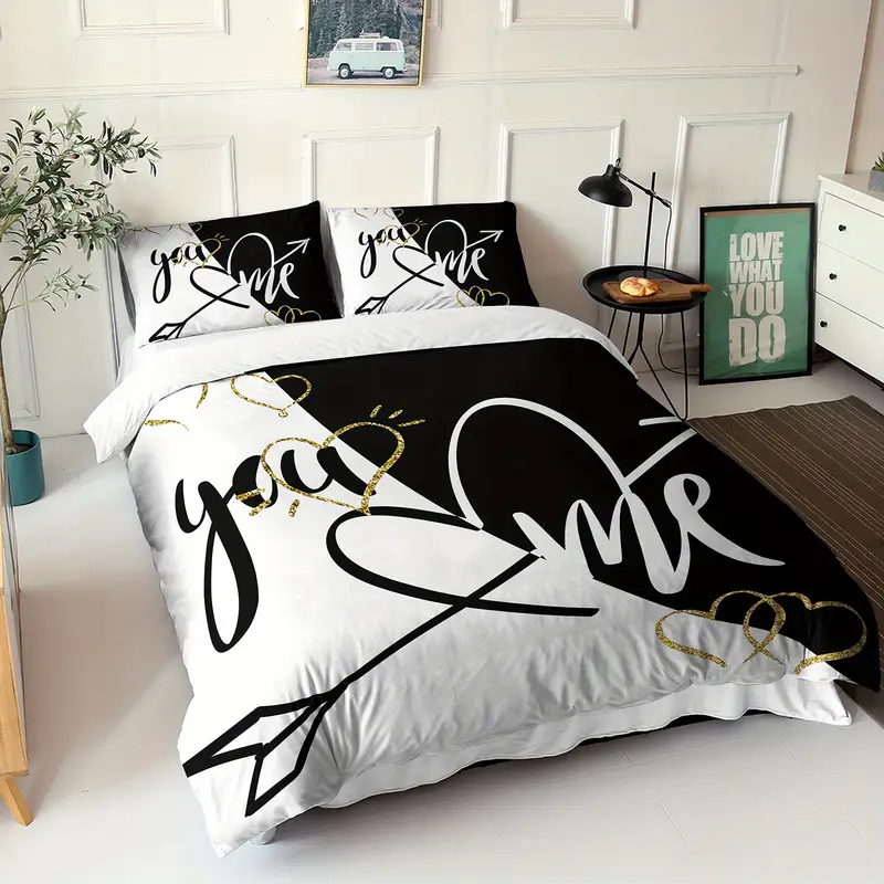 3pcs you me duvet cover set romantic couples bedding set black white bedroom decor 1duvet cover 2pillowcases no comforter Product details 1