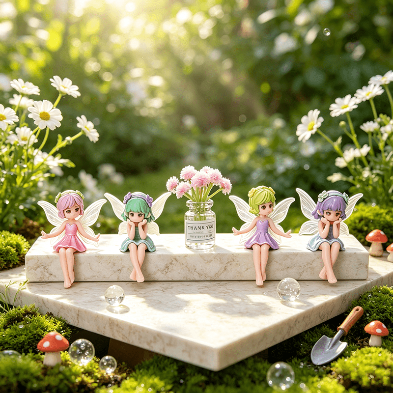 TEMU 5pcs Miniature Fairy Statue & Breath Vase Ornament Set - Elegant Resin Doll With Transparent Wings, Seated Elf Figurines Suitable For Car