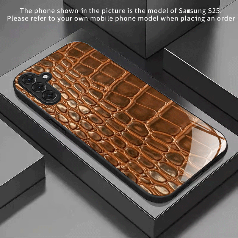 TEMU Phone Case - Tan Glossy Crocodile Skin Texture Phone Case Tempered Glass For Galaxy S26 Plus/ For Galaxy S26/ For Galaxy S26 Ultra/ For Galaxy