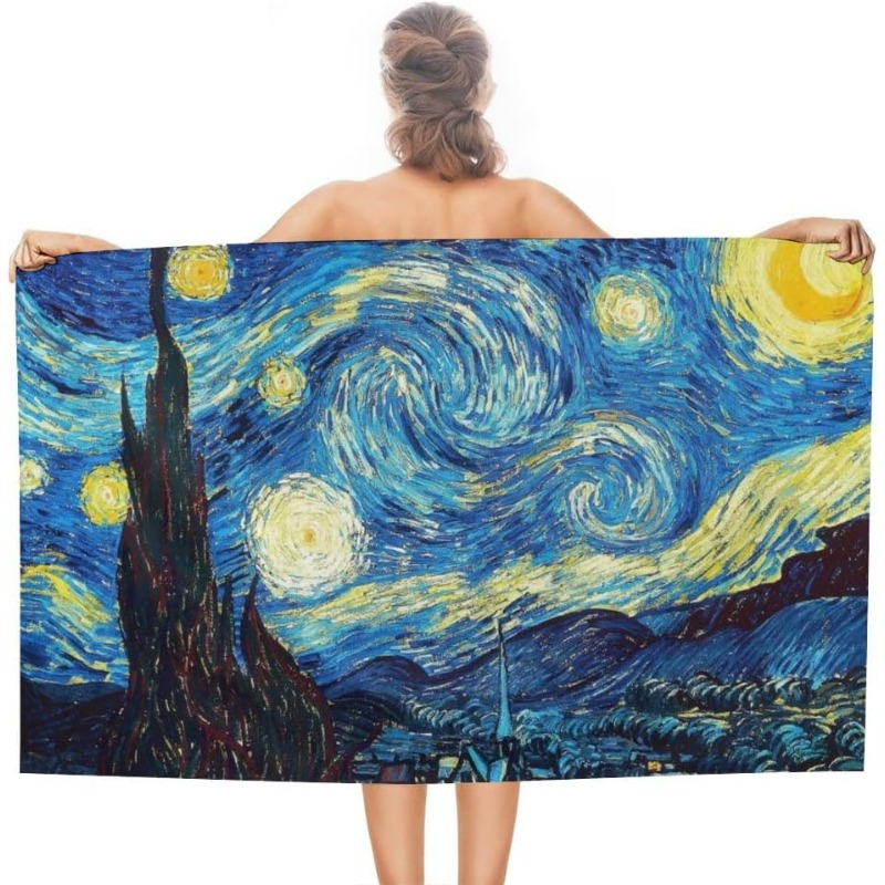 

1pc Starry Night Van Microfiber Absorbent Beach Towel, Super Soft Polyester Oblong Modern Knit Fabric, Machine Wash, 27.5*55 Inch