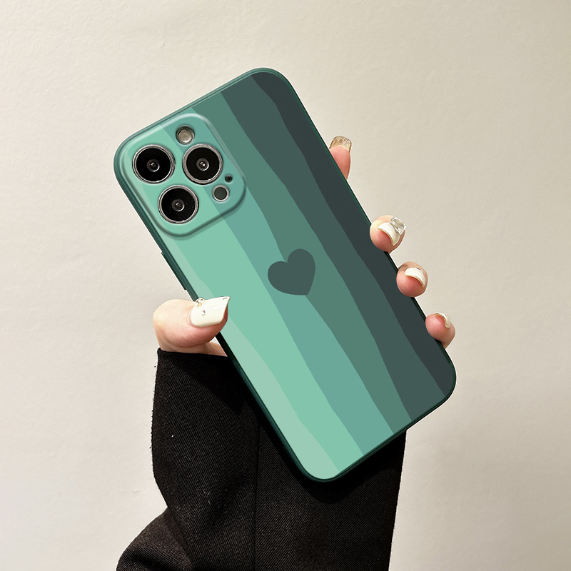 TEMU Phone Case - Luxury All-inclusive New Silicone Dark Green Heart Pattern Phone Case For Iphone 16 15 14 13 12 Pro Max Xs Xr Mini 7 8 Se2 Se3 Zs1