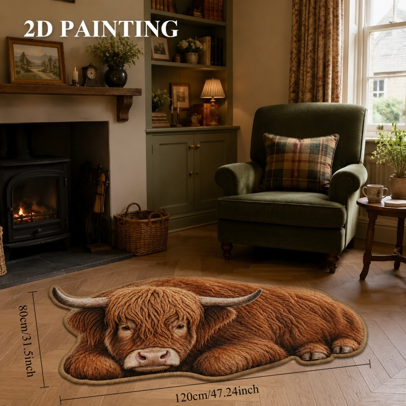 TEMU Scottish Highland Cow Shaped Rug Farmhouse Decor, 2d Printed Fluffy Floor Mat, Suitable For Bedrooms, Living Rooms And Bathrooms, Decorative Rug