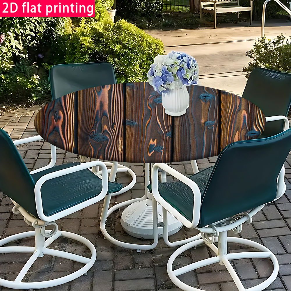TEMU 2d Exquisite Wood Grain Texture Pattern Elastic Round Tablecloth, Perfect For Indoor And Outdoor Picnics And Camping Activities, Suitable For