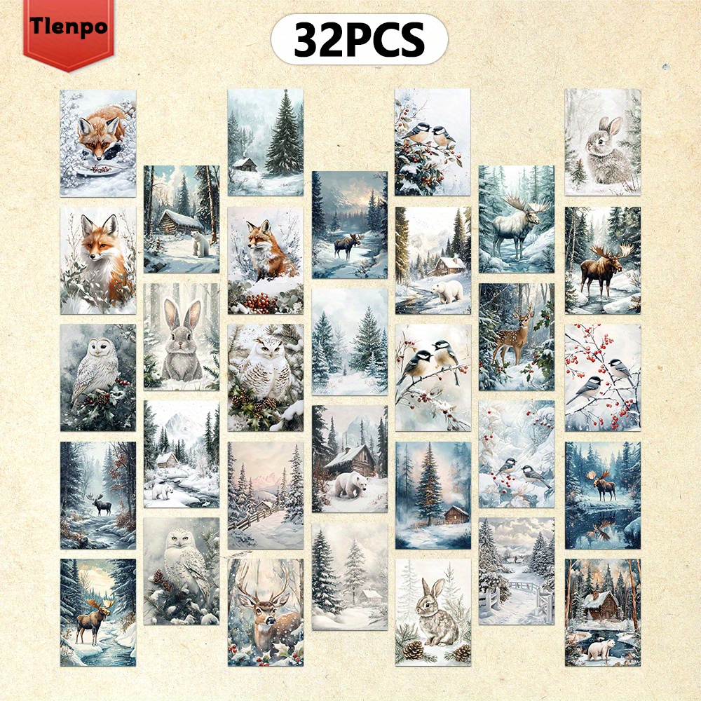 Image of 32pcs Vintage -themed Postcard Set With Winter Snow Scenes Featuring Fox, Rabbit, Deer And And Blank Free Writing On The Back For Crafts, Diaries And Greeting Card Envelopes