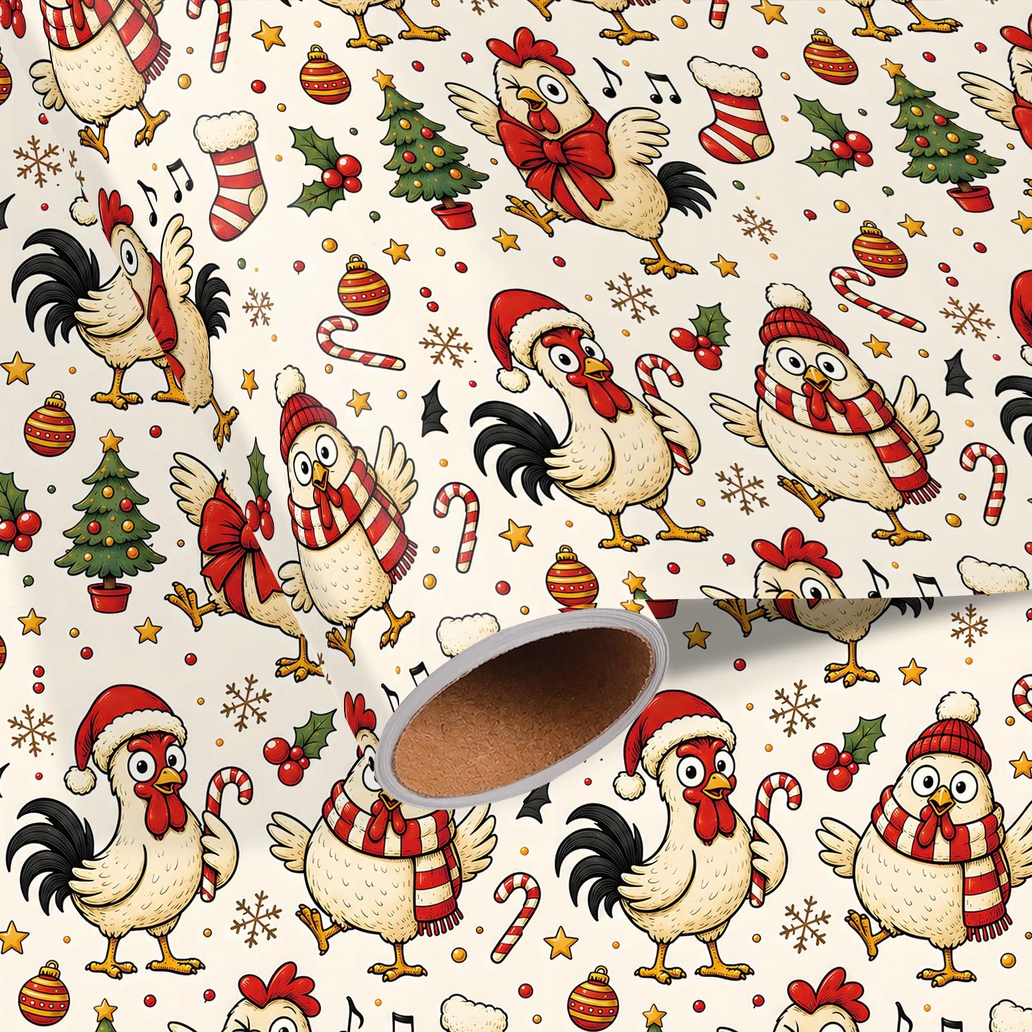 TEMU Rouleau de de Noël à motif poules - 17,7 pouces x 118 pouces, joli papier d'emballage de style ferme avec coqs, bonnets de Père Noël, de de Noël