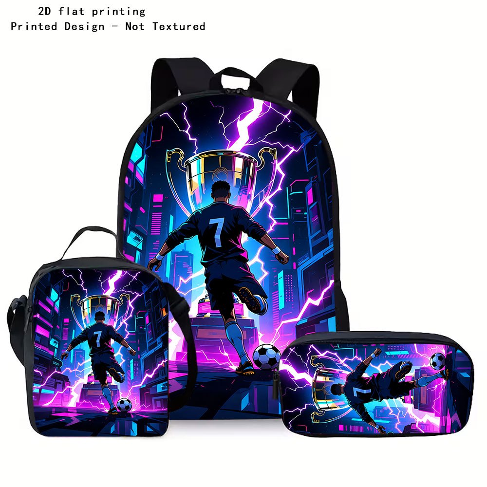 TEMU Lightning Football Player Trophy Print Backpack 3pcs Set Crossbody Bag Stationery Organizer Pen Pouch 2d Flat Printing Print Design -