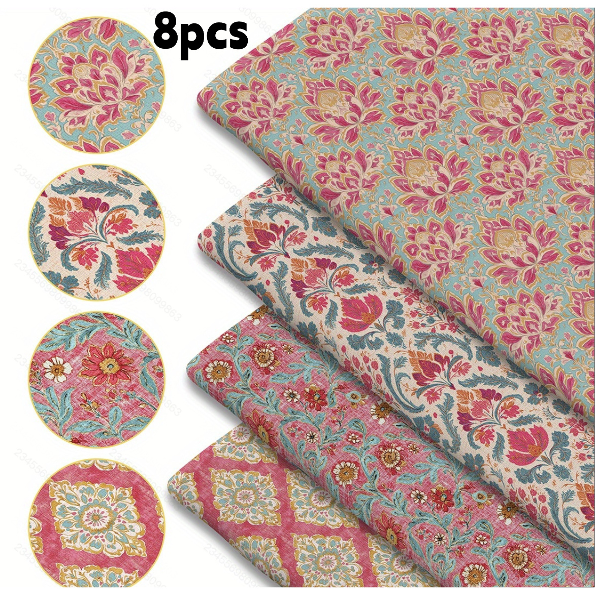 TEMU 8pcs Vintage Floral Precut Fabric Bundle 40 X 50cm Polyester Craft Fabric Assorted Printed Quilt Squares For Sewing, , Quilting, Tote Bags, Home
