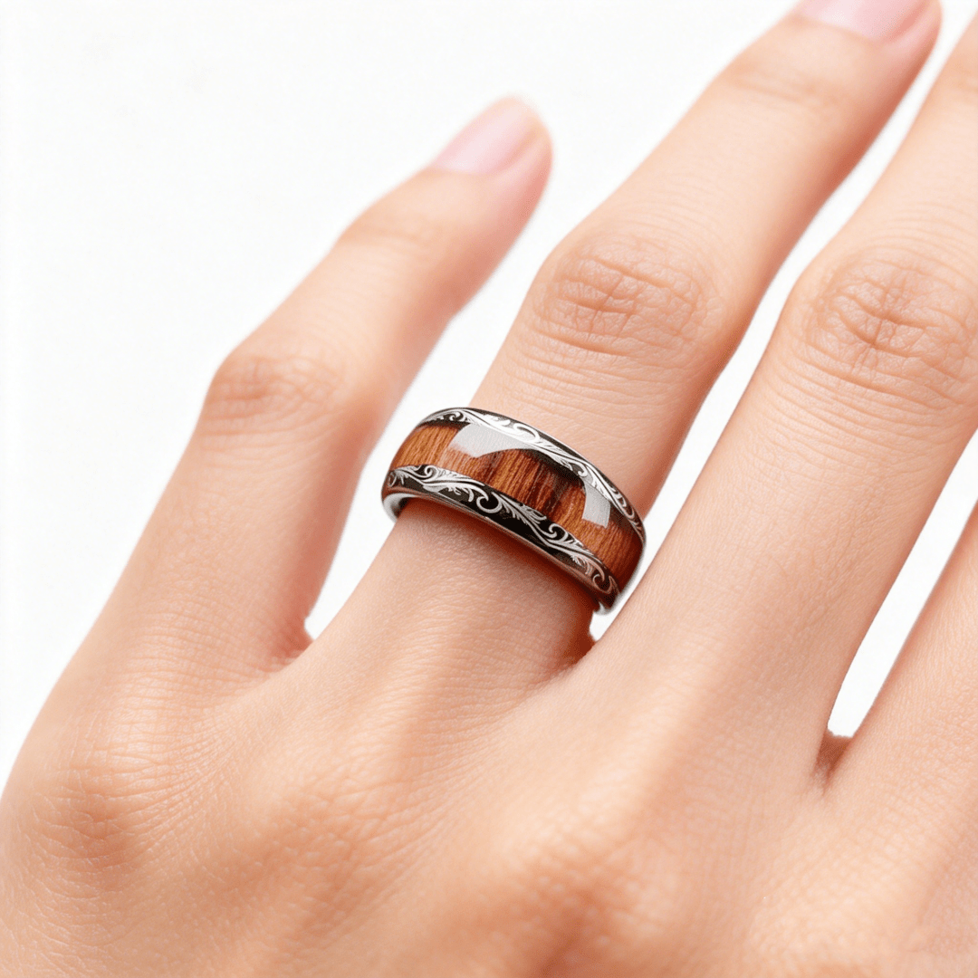 Men's Black Tungsten Carbide Ring with Real Wood Inlay