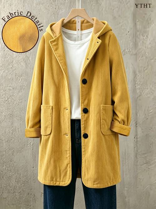 item picture womens corduroy jacket coat with hood turn collar button long sleeve shacket casual loose fit vintage outerwear with pockets soft warm coat for fall winter versatile daily wear streetwear