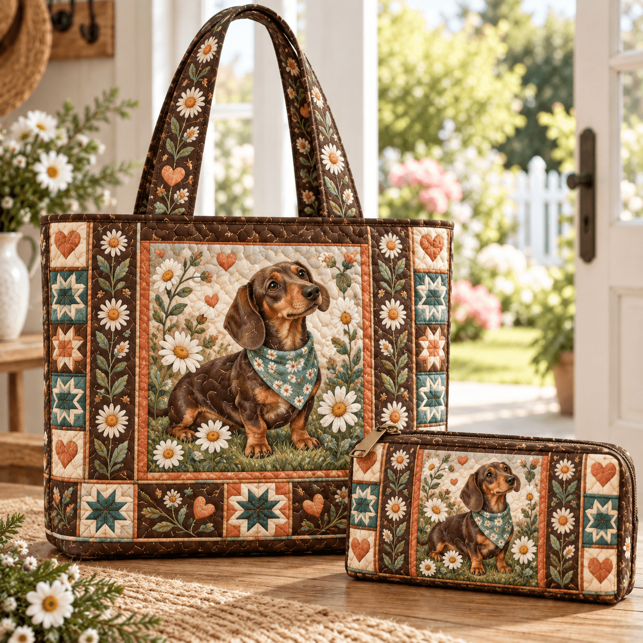 TEMU 2pcs Pet Dachshund Daisy Garden Pattern Quilted Tote Bag Set With Matching Cosmetic Pouch, Large Capacity Fabric Shoulder Carryall With Sturdy