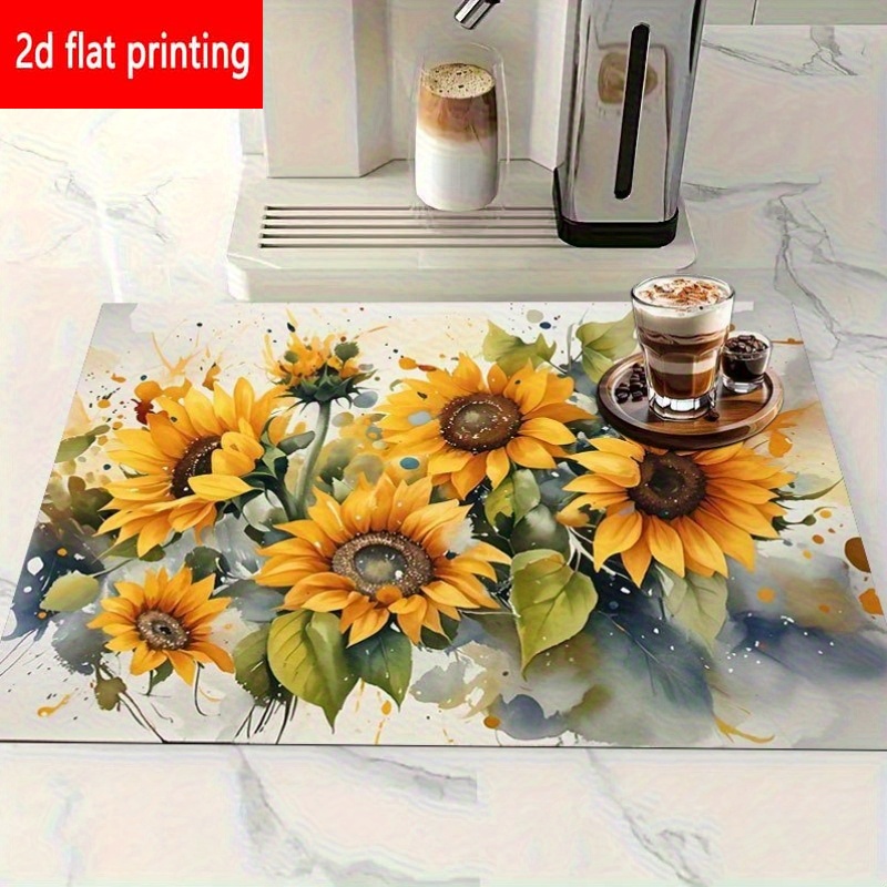 TEMU 2d Flat Printing, 1pc, Sunflower Print Dish Drying Mat/absorbent Placemat, Non-slip Rubber Base, Printed With Yellow Sunflower And Green Leaf