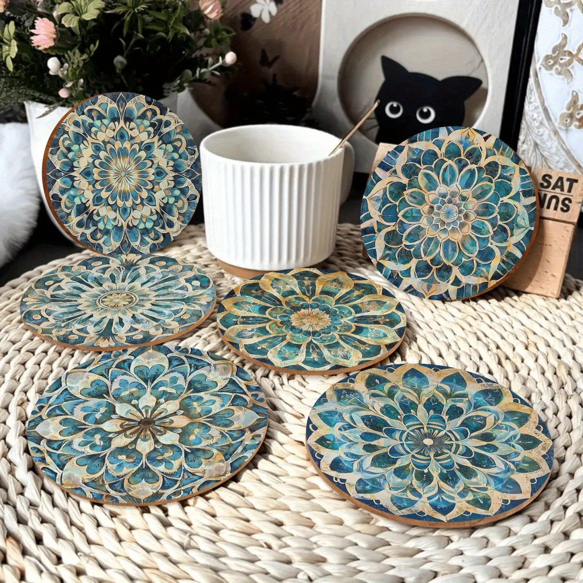 TEMU Posavasos 2D planos vintage de mandala floral - 6 piezas de posavasos redondos de madera, protectores de escritorio, regalo para , 2D planos