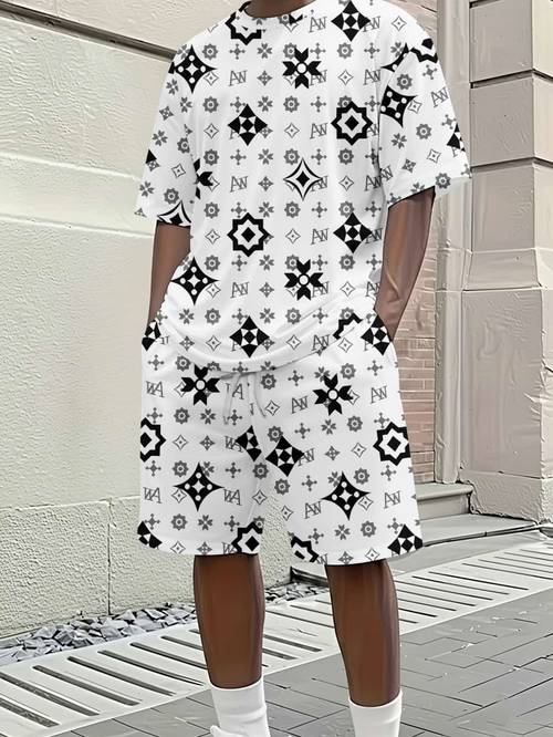 high end summer clothing mens 3d casual t shirt set with digital printing round neck loose short sleeved set sports set