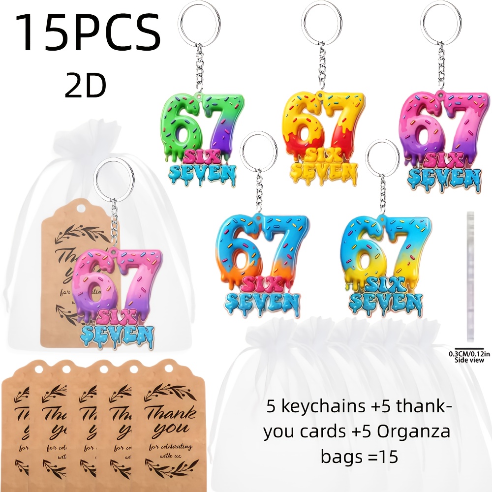 TEMU 2d Flat, 2d , Unisex Gift 2d , 15pcs Cream Style "67" Keychain Set, Ice Cream "67" Keychain Party Gift Box - Includes 5pcs Of 2d Design Acrylic