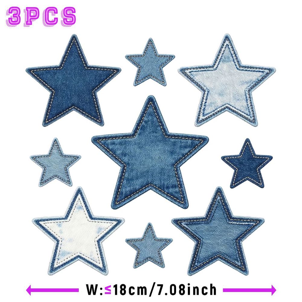 TEMU 3pcs 2d Flat Heat Transfer Stickers Compatible For Iron-on Transfers Heat Press Appliques - Star Denim Fabric Patches, Blue Washed Jeans Look