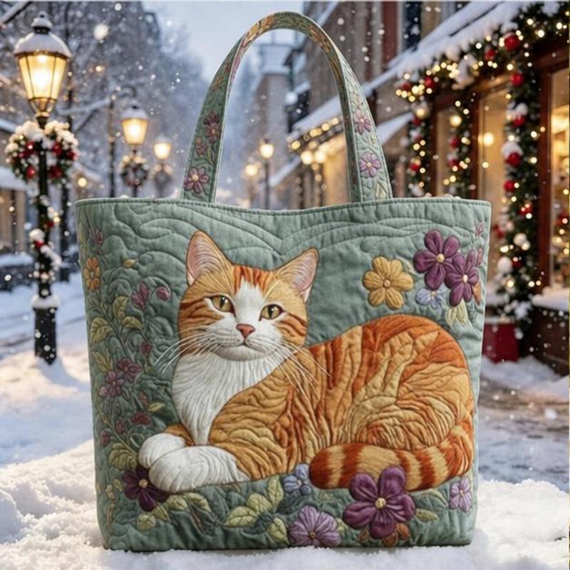 TEMU Bolso tote acolchado de 1 pieza con diseño acolchado de gato naranja y flores - Cierre de cremallera, lavable a máquina, para de invierno,