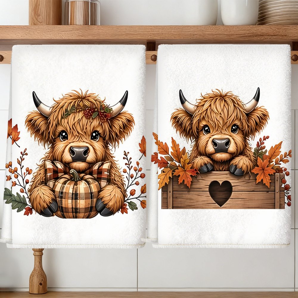 TEMU 2pcs Kitchen Towels, Soft Absorbent Microfiber Tea Towels, Decorative Housewarming/birthday Gifts For Mom, , Neighbors, Fall Highland Cow Tea