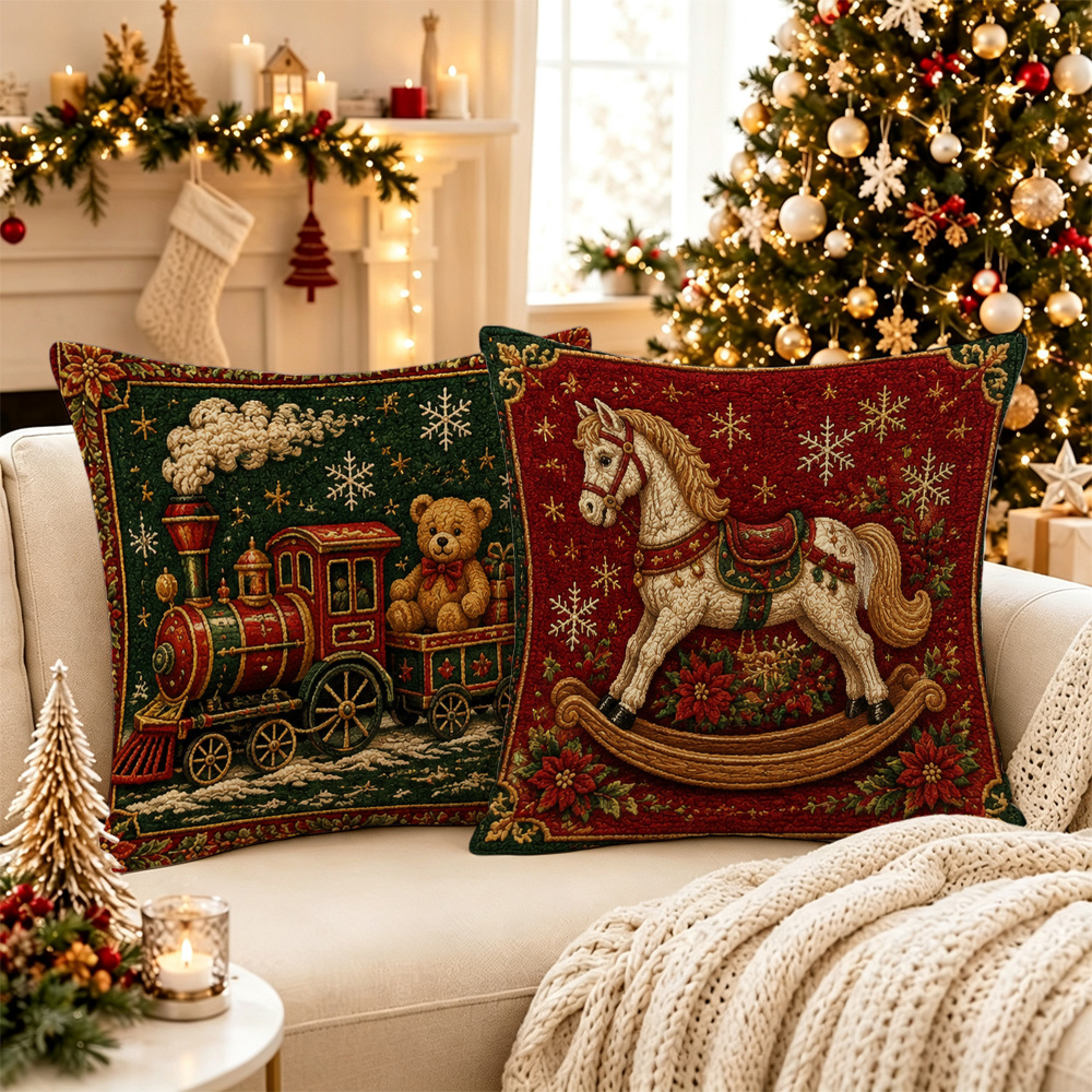 TEMU Lot de 2 housses de coussin de Noël, motif train jouet, , boîtes cadeaux et de neige, impression -, décoration de fêtes pour canapé, maison,