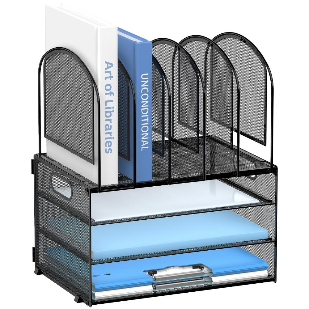 Daltack Metal Mesh Desk Organizer With Vertical File Holder, 3 Tier Desktop Organizer With 5 File Folder Holders And Handles, Desk Organizers And Accessories For Home Office Organization