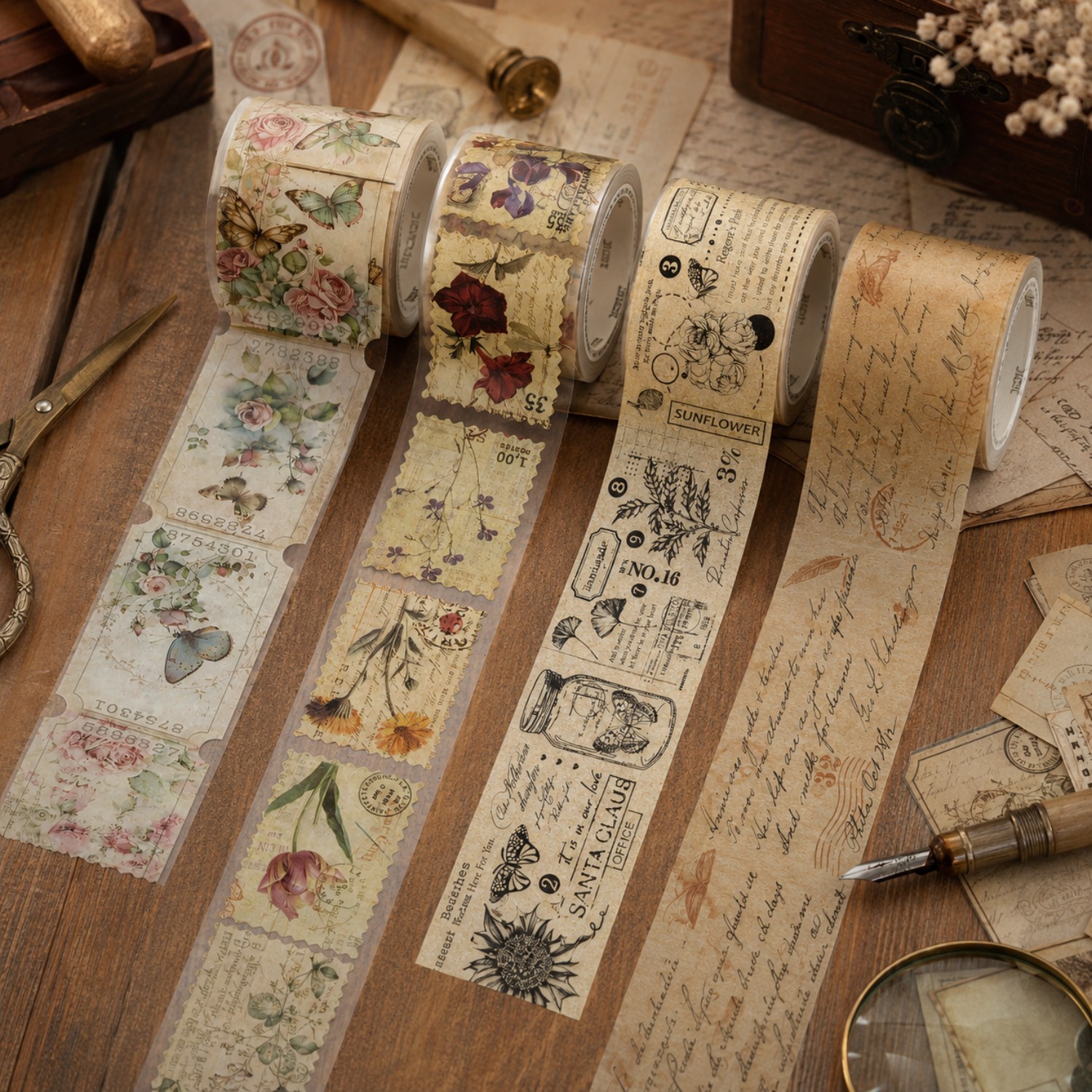 4 zvitki - Vintage Washi izrezan trak : 2 zvitka 3,51 cm č 199,9 cm + 2 zvitka 3,99 cm č 199,9 cm, okrasni papirni lepilni trak za scrapbooking