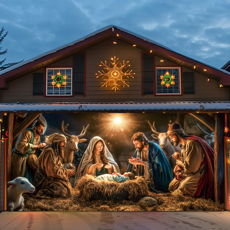 TEMU 1 Roll Large Nativity Scene Vinyl Door Banner - Birth Decoration With Mary, Joseph,, Shepherds & Wise, Outdoor/ Christmas Garland For , Church,