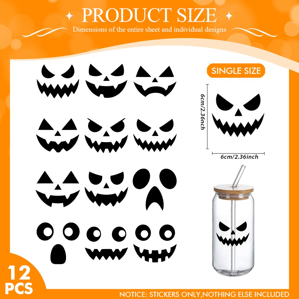 TEMU 12pcs/set Halloween Horror Pumpkin Face Uv Dtf Transfer Stickers, Mixed -o'-lantern Decals, Suitable For 16oz Glass Cups, Mugs, Tumblers, Phone