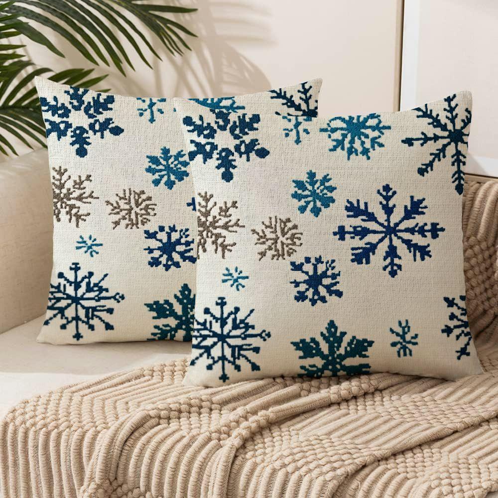 

Snowflakes Winter Pillow Covers 18x18 Set Of 2 Brown Rustic Christmas Print Outdoor Decorative Throw Pillows Vintage Holiday Farmhouse Sofa Couch Decor