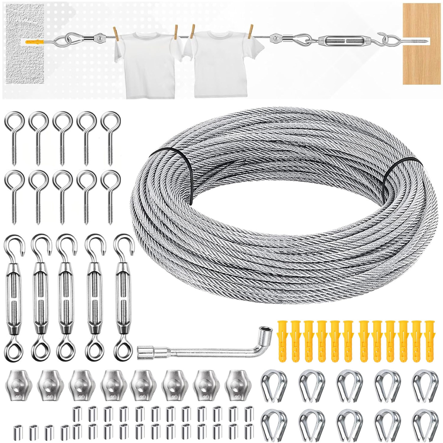 Image of Stainless Steel Cable Rope Set, 29m Length 3mm Diameter + 4 Tensioners, For Outdoor Yard Decoration