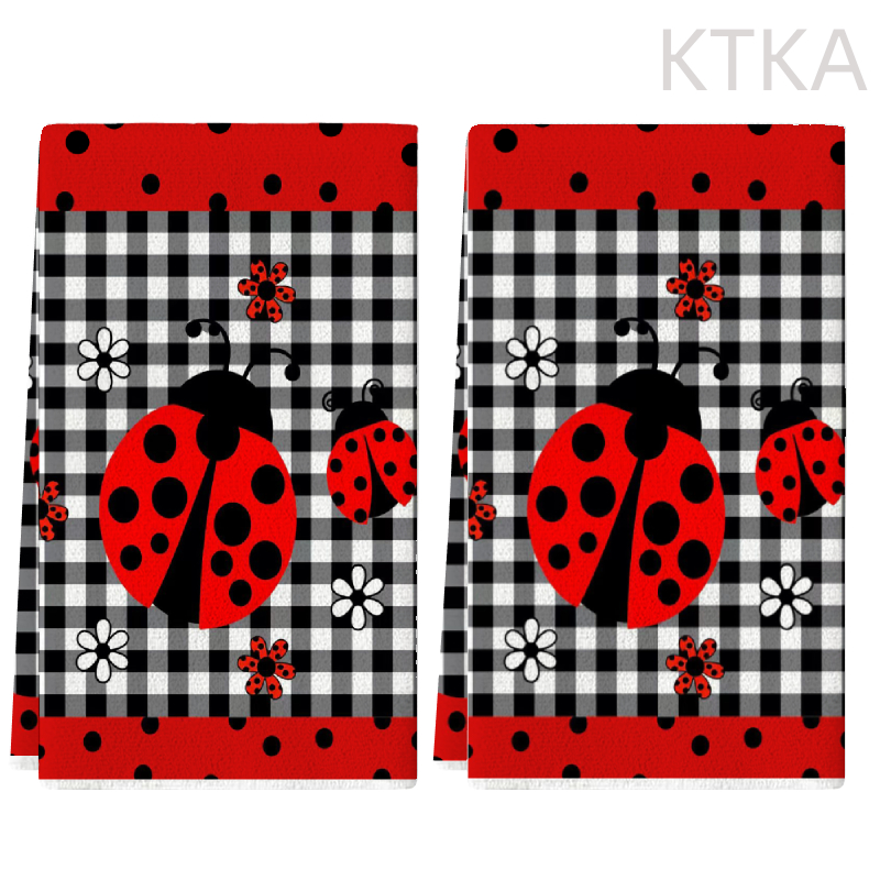 TEMU 2pcs Ladybug Checkered Cleaning Cloths & Kitchen Towels - Suitable, Bathroom, Housewarming Gifts, Mother's Day Presents, Cute Ladybug Towel Set