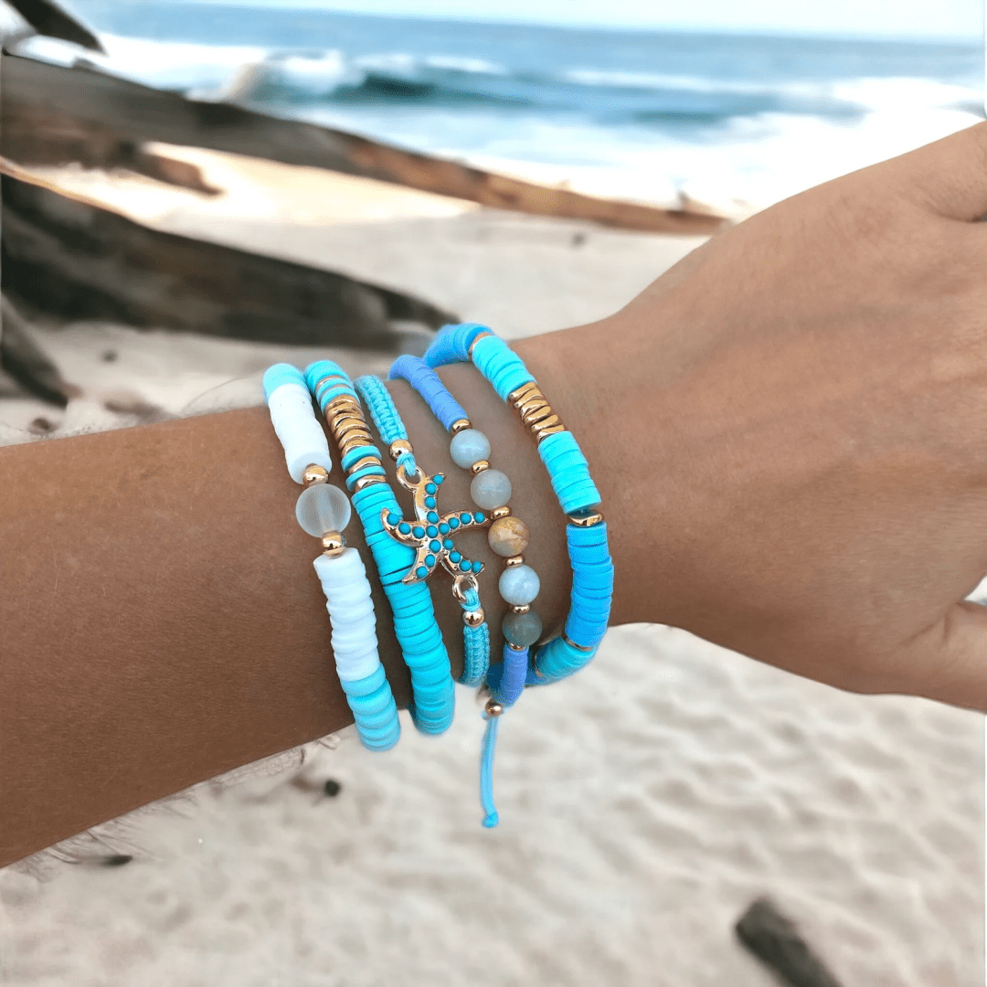 Image of 5pcs Vintage Fashion Versatile Creative Hemp-textured Starfish Hand-woven Soft Clay Stretchy Stacked Bracelet Set, Suitable For Women And Daily And Vacation Outfits