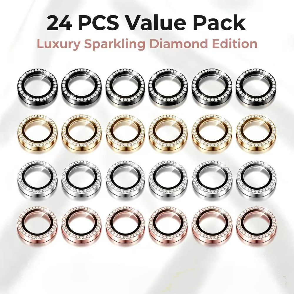 TEMU 24pcs Pack, Available, 6pcs Per Color, Rhinestone Camera Lens Protective Film With Metal Frame Tempered Glass, Suitable For Iphone 18 Pro Max/17