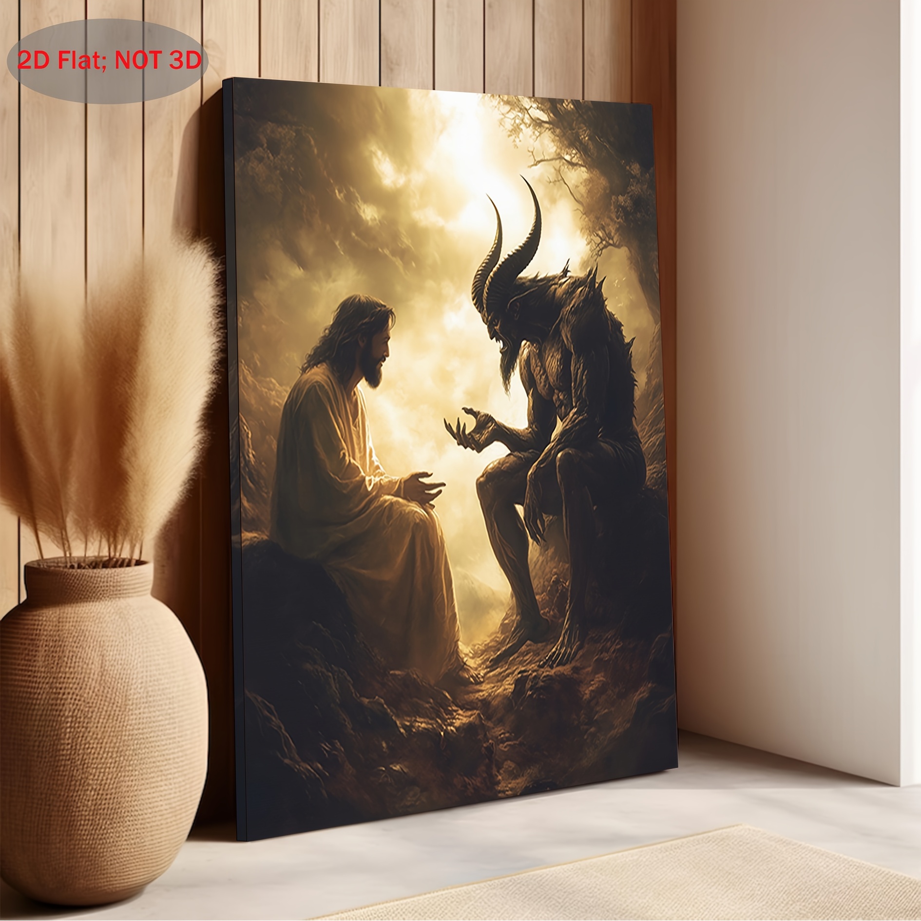 TEMU 2d Flat, 1pc Jesus And The Devil Christian Wall Art - Vintage Religious Painting Suitable For Bedroom, Living Room, Kitchen & Bathroom Decor -